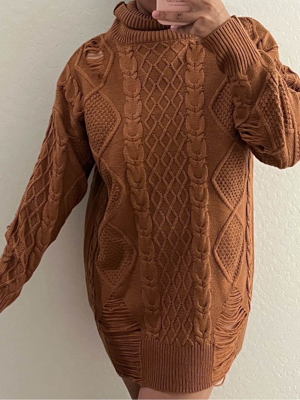 Chunky Cable Knit Turtleneck Sweater Dress - Burnt Orange